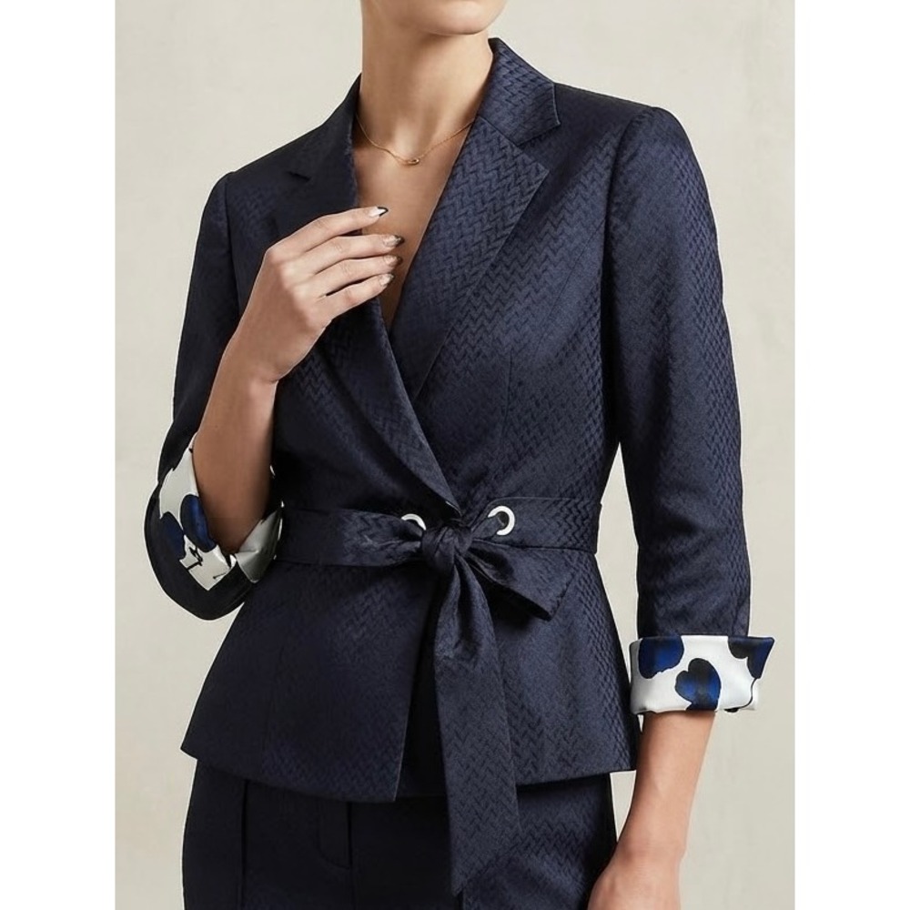 ARMANI COLLEZIONI Navy Blue Floral Jacquard Peplum Blazer Size US 6